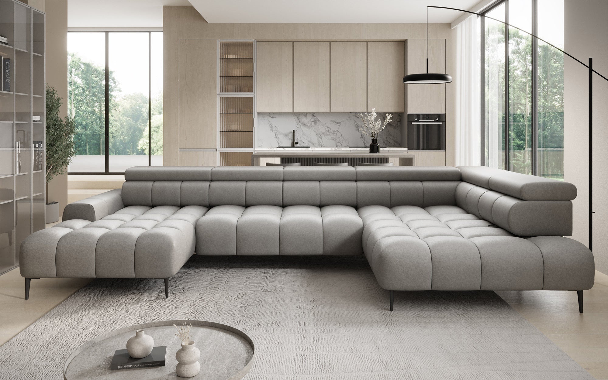 Designer sofa Ceora U with electric sleeping function and adjustable backrest in genuine leather