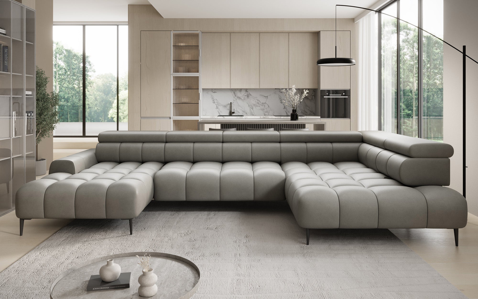Designer sofa Ceora U with electric sleeping function and adjustable backrest in genuine leather