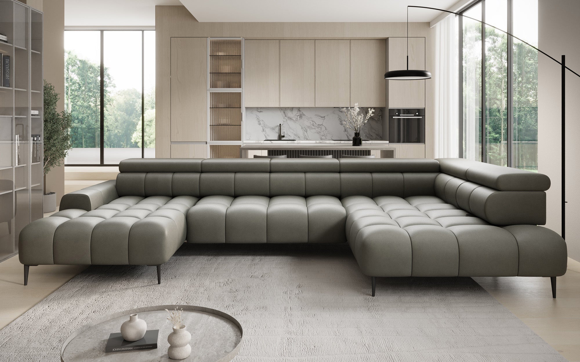 Designer sofa Ceora U with electric sleeping function and adjustable backrest in genuine leather