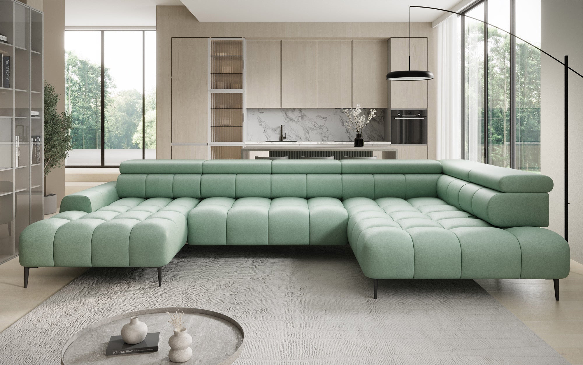 Designer sofa Ceora U with electric sleeping function and adjustable backrest in genuine leather