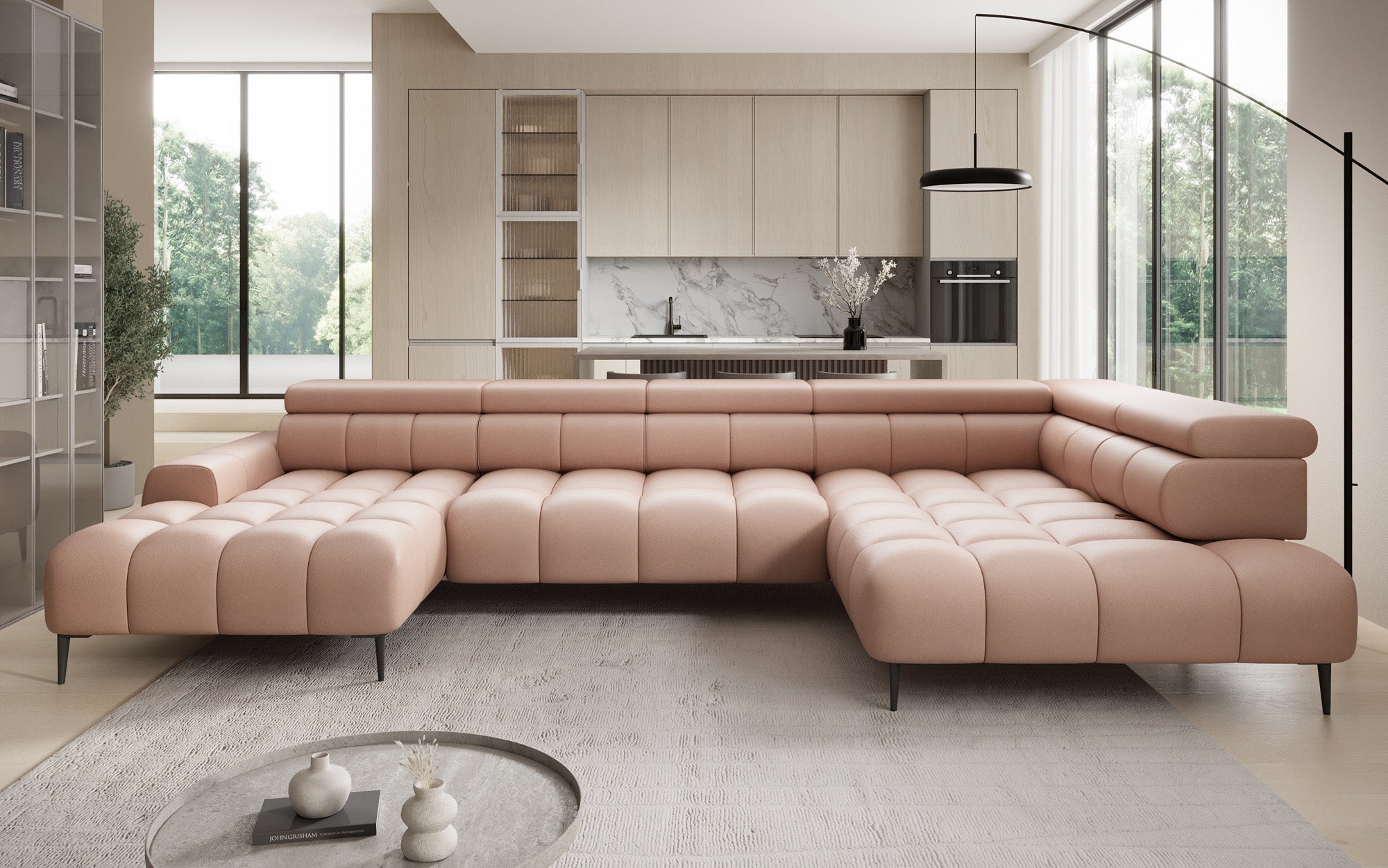 Designer sofa Ceora U with electric sleeping function and adjustable backrest in genuine leather