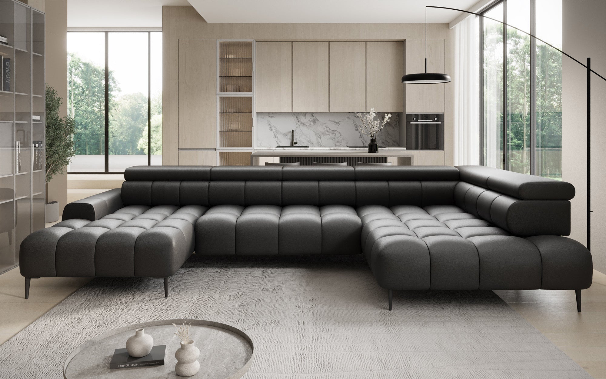 Designer sofa Ceora U with electric sleeping function and adjustable backrest in genuine leather