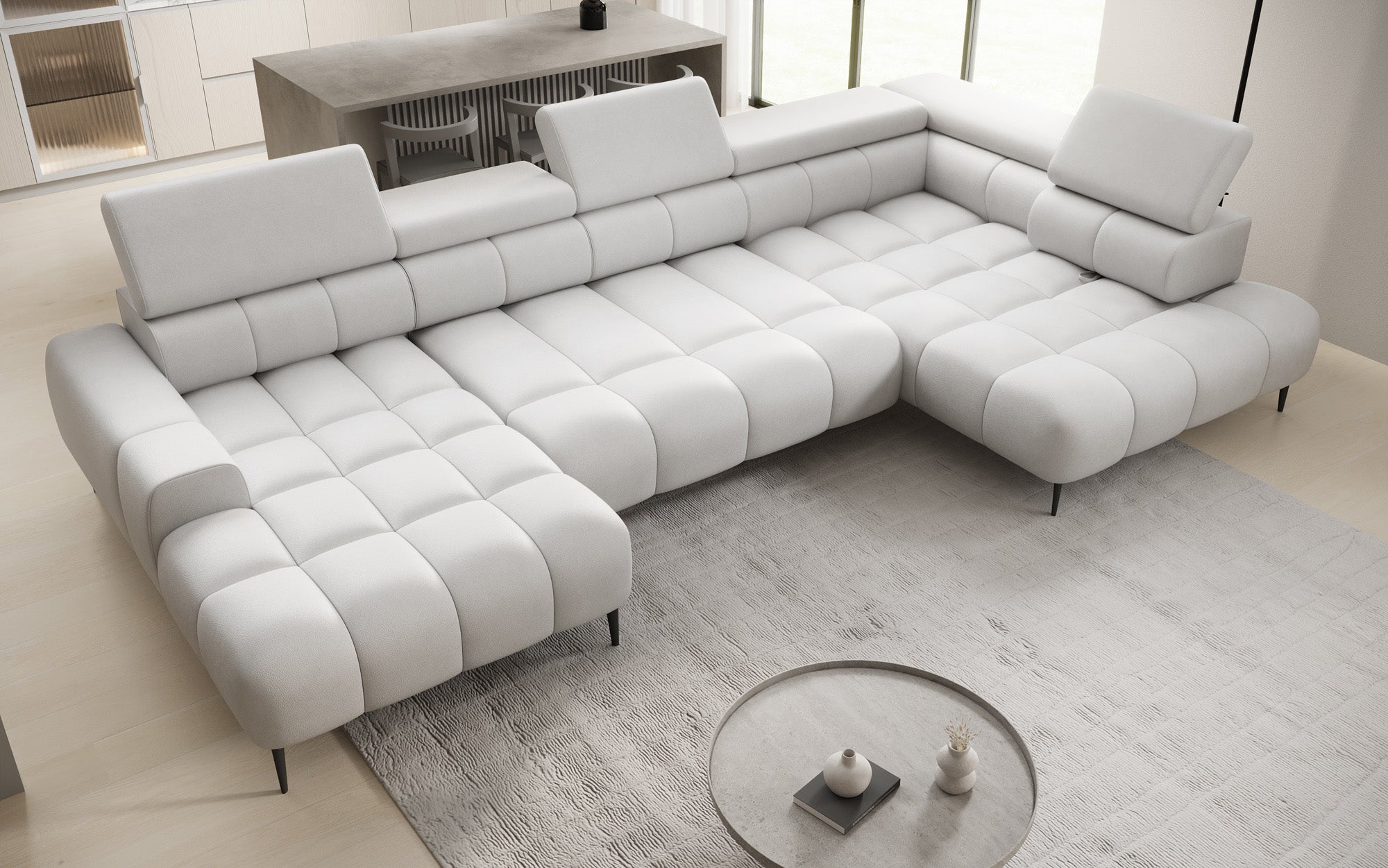Designer sofa Ceora U with electric sleeping function and adjustable backrest in genuine leather