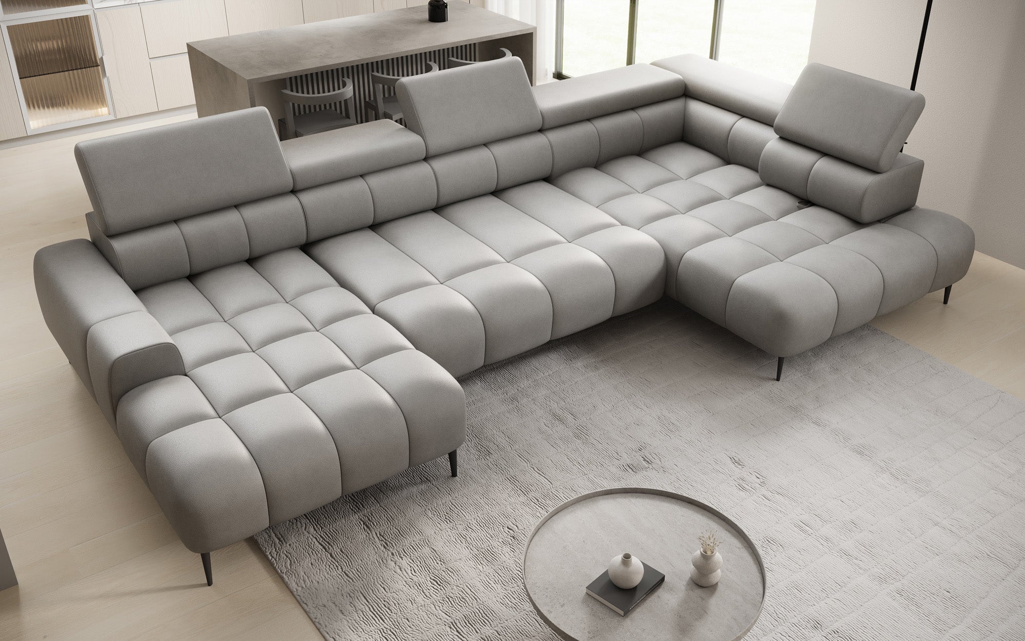 Designer sofa Ceora U with electric sleeping function and adjustable backrest in genuine leather