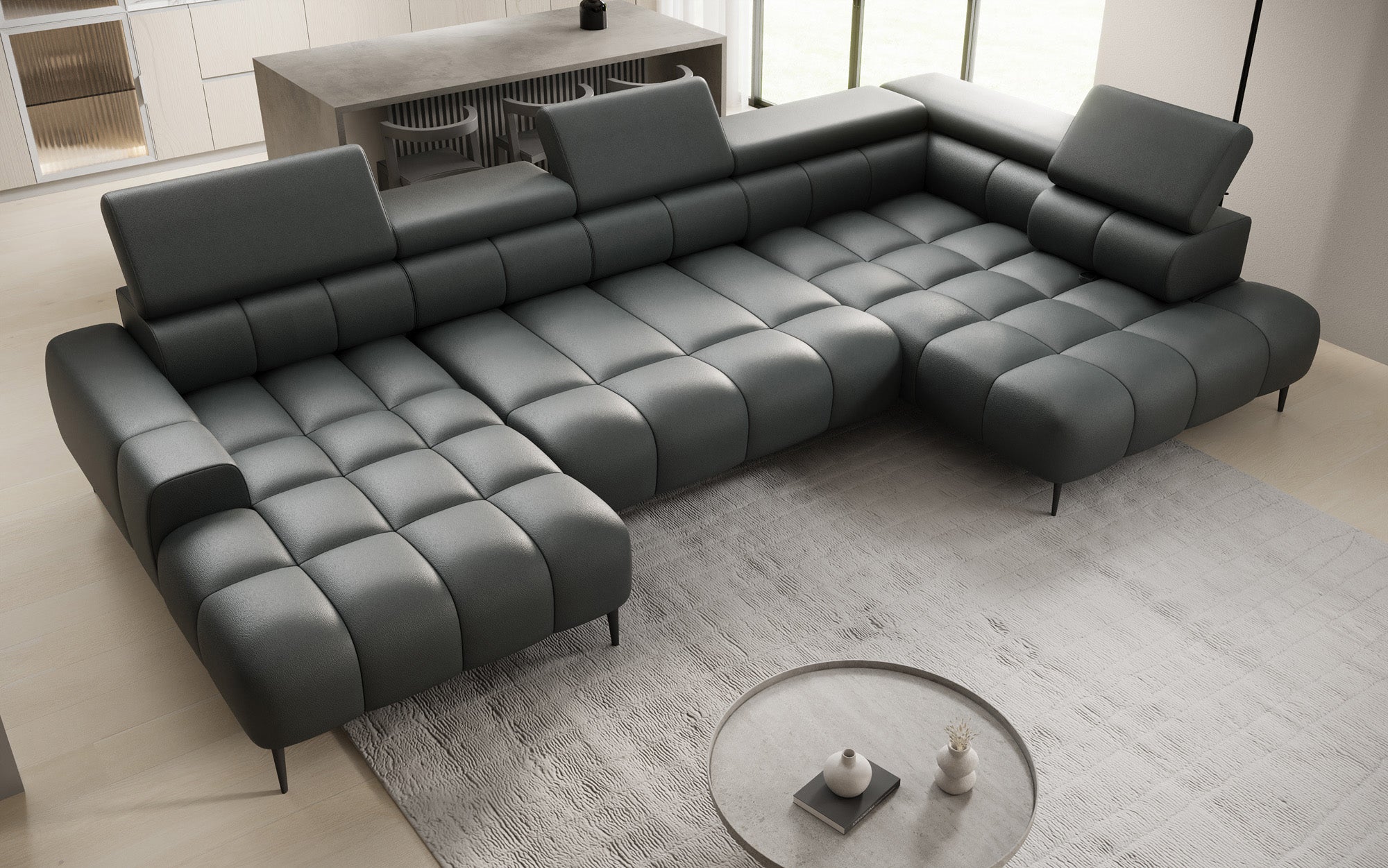 Designer sofa Ceora U with electric sleeping function and adjustable backrest in genuine leather