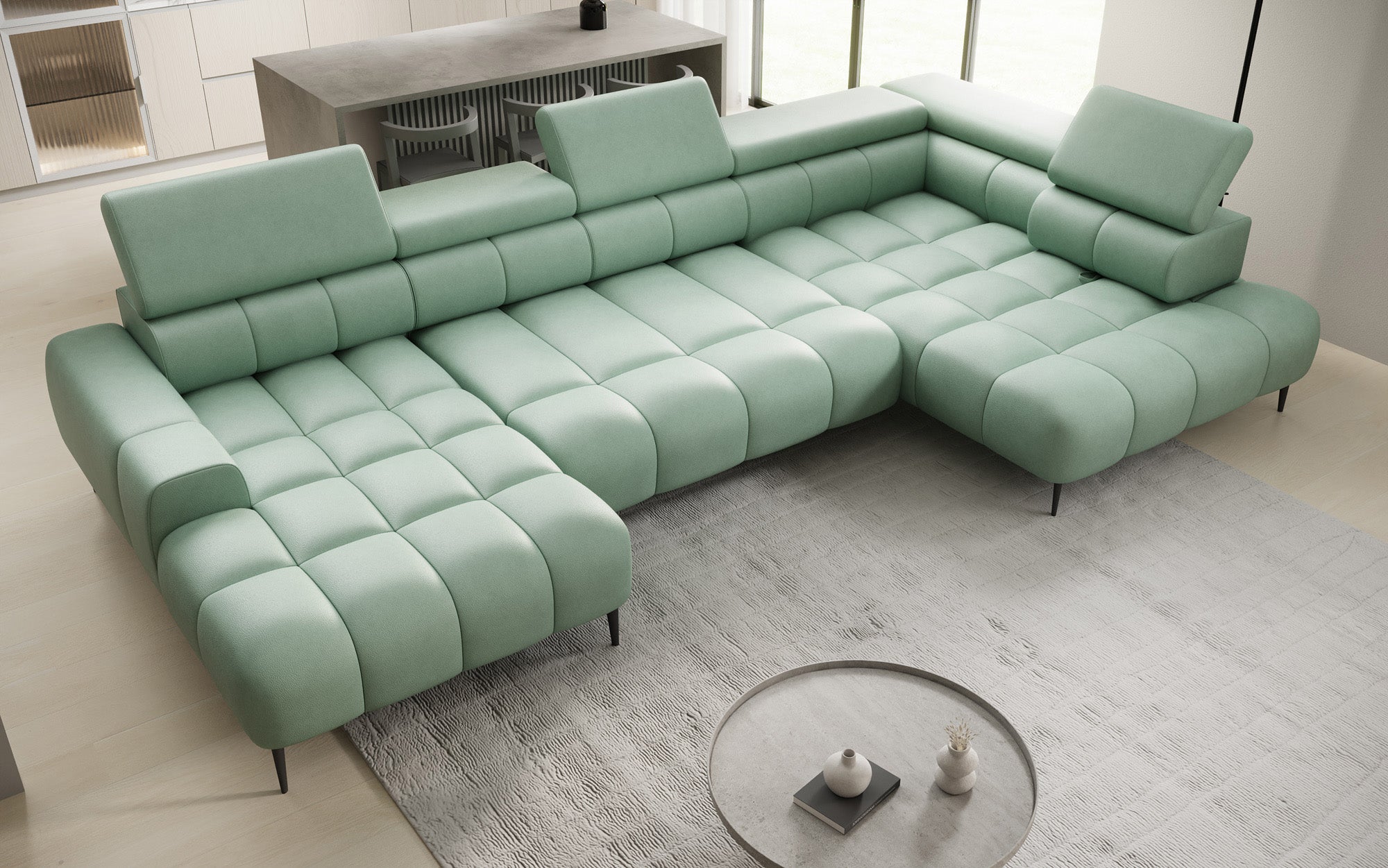 Designer sofa Ceora U with electric sleeping function and adjustable backrest in genuine leather