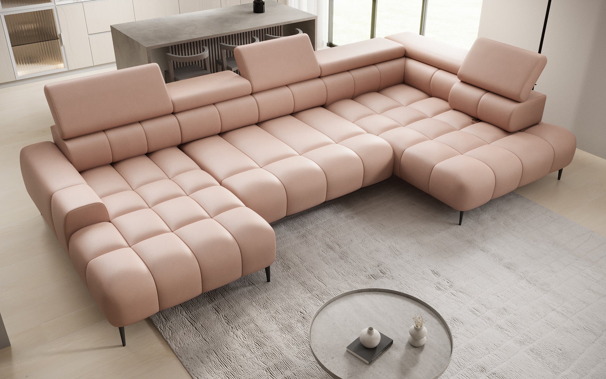 Designer sofa Ceora U with electric sleeping function and adjustable backrest in genuine leather