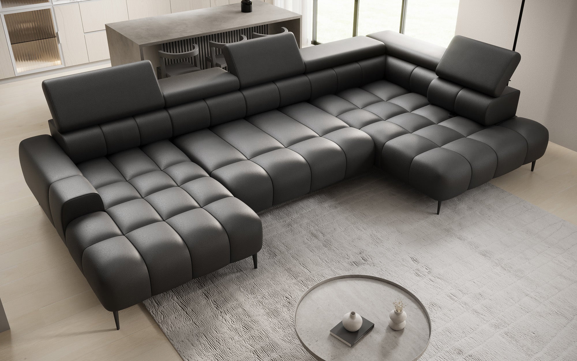 Designer sofa Ceora U with electric sleeping function and adjustable backrest in genuine leather
