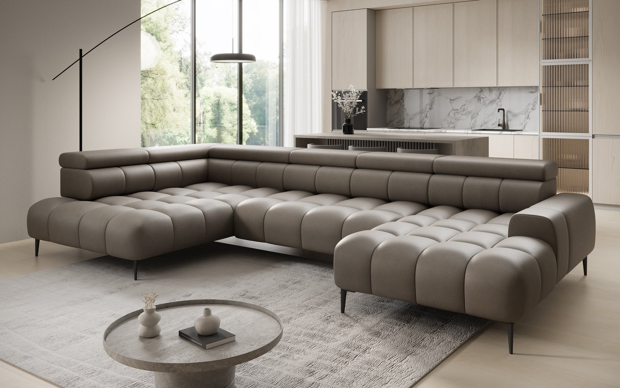 Designer sofa Ceora U with electric sleeping function and adjustable backrest in genuine leather