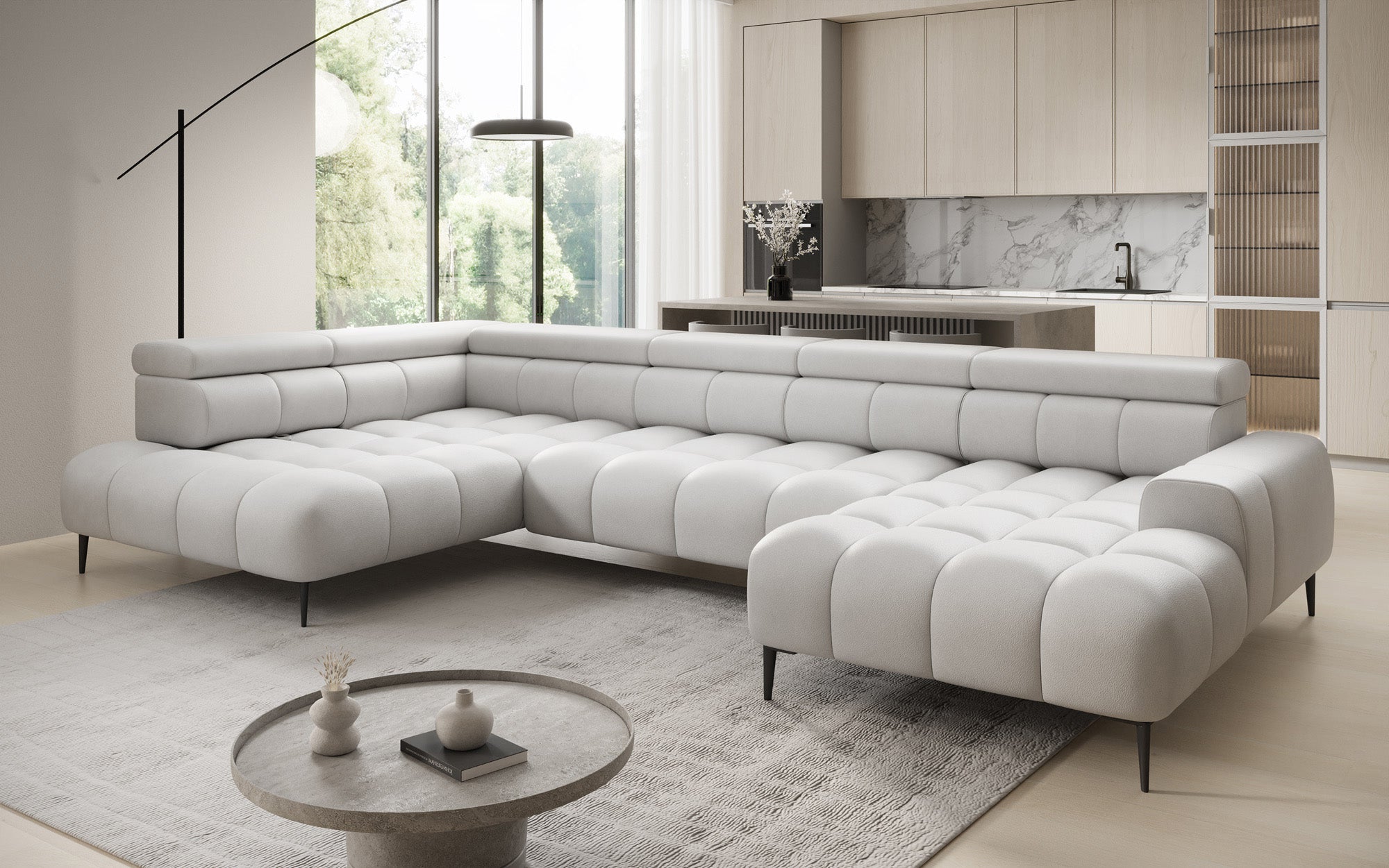 Designer sofa Ceora U with electric sleeping function and adjustable backrest in genuine leather