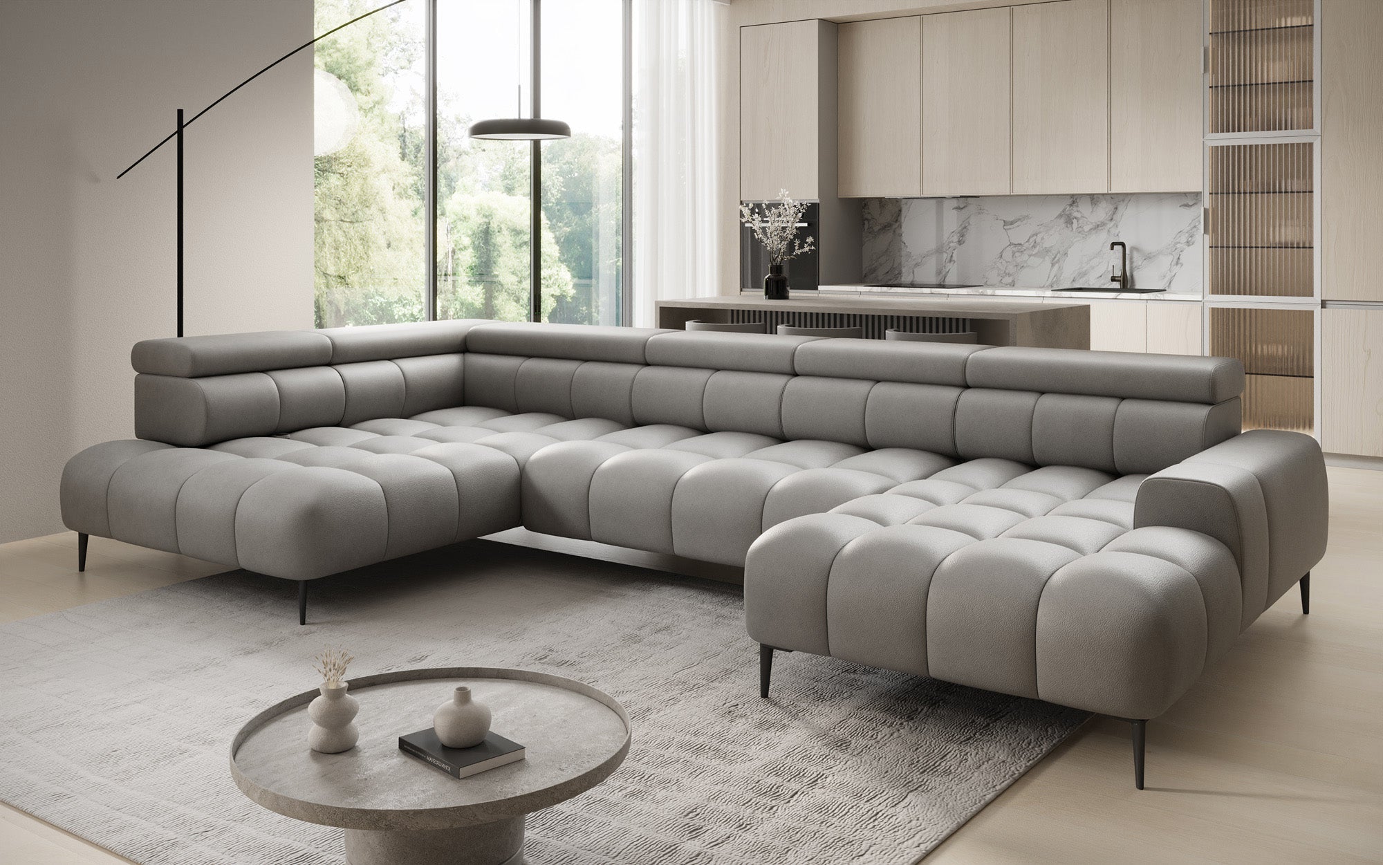 Designer sofa Ceora U with electric sleeping function and adjustable backrest in genuine leather
