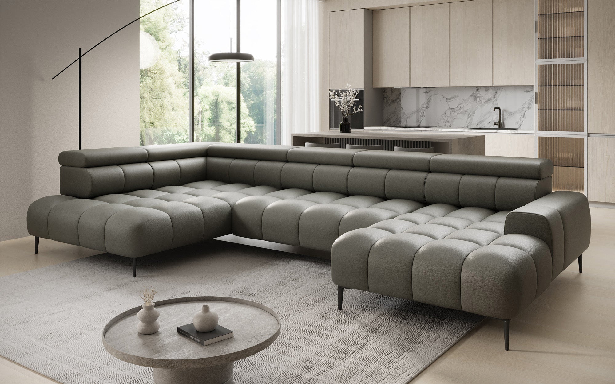 Designer sofa Ceora U with electric sleeping function and adjustable backrest in genuine leather