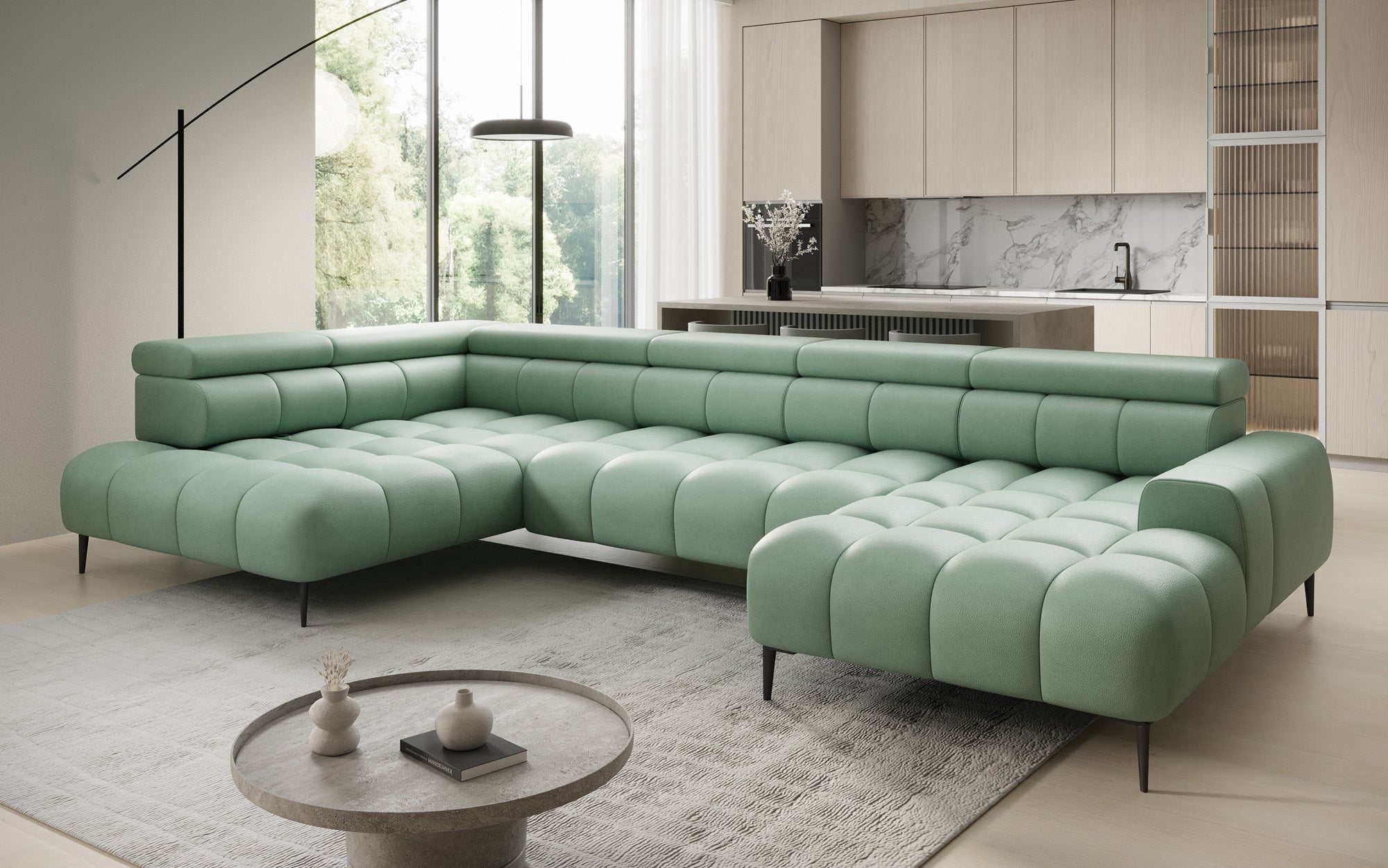 Designer sofa Ceora U with electric sleeping function and adjustable backrest in genuine leather