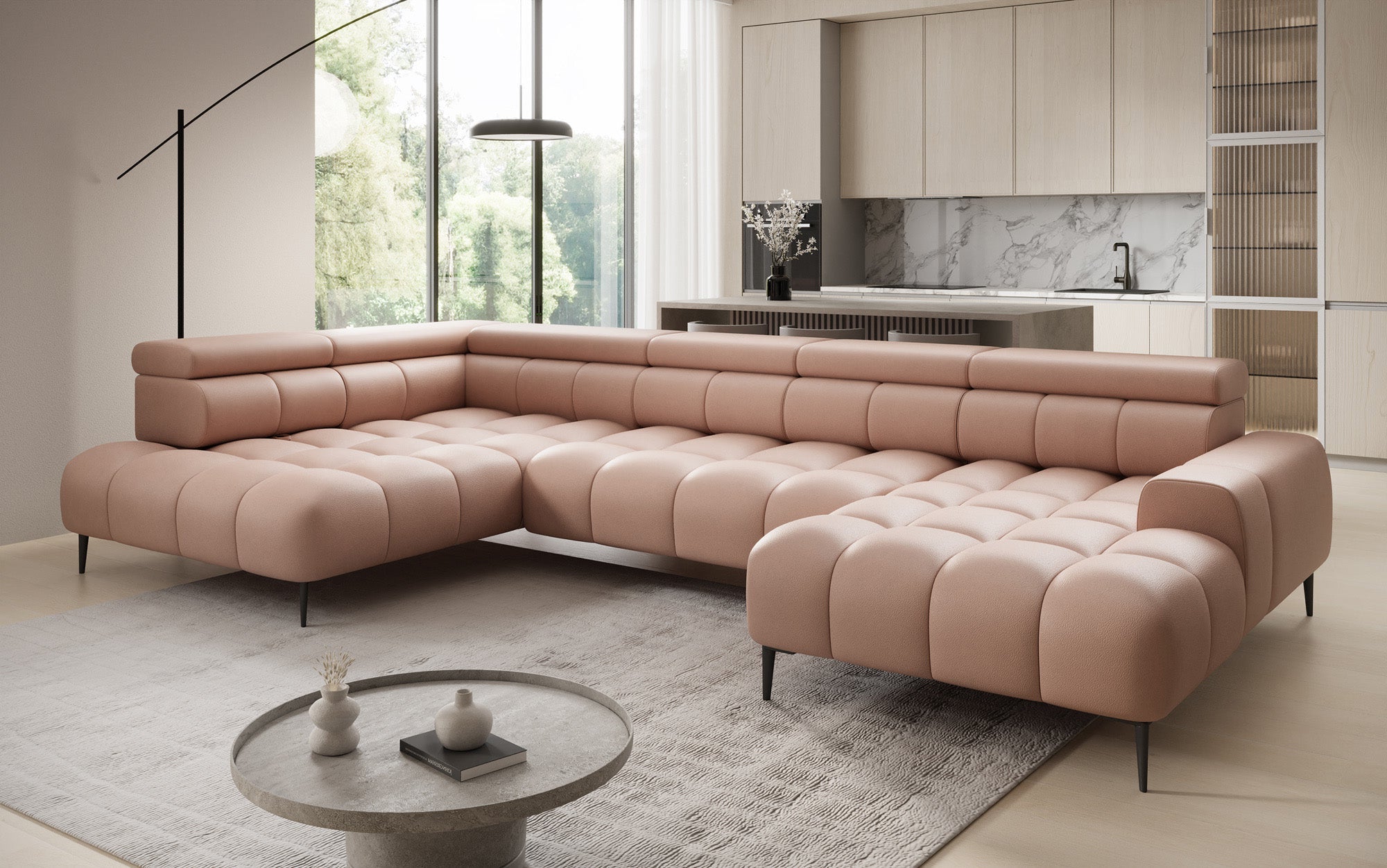Designer sofa Ceora U with electric sleeping function and adjustable backrest in genuine leather