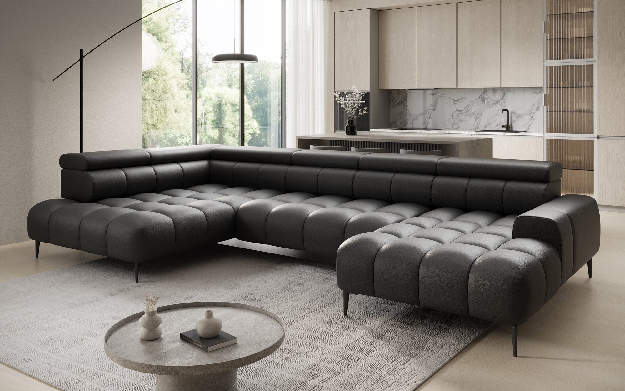 Designer sofa Ceora U with electric sleeping function and adjustable backrest in genuine leather