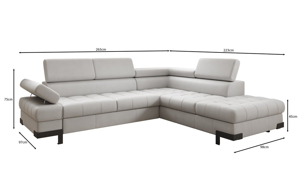 Designer L Sofa Noelia with Sleeping Function and Storage in Genuine Leather