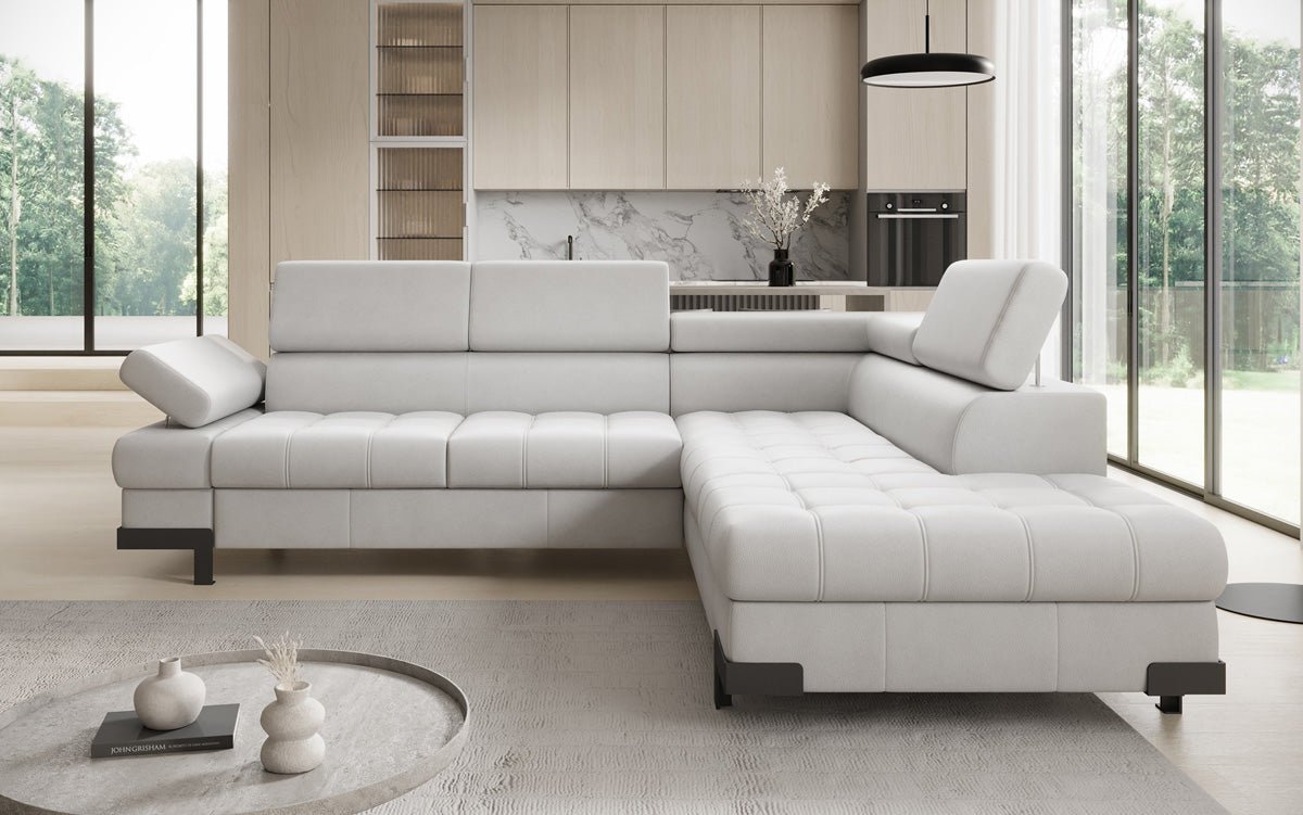Designer L Sofa Noelia with Sleeping Function and Storage in Genuine Leather
