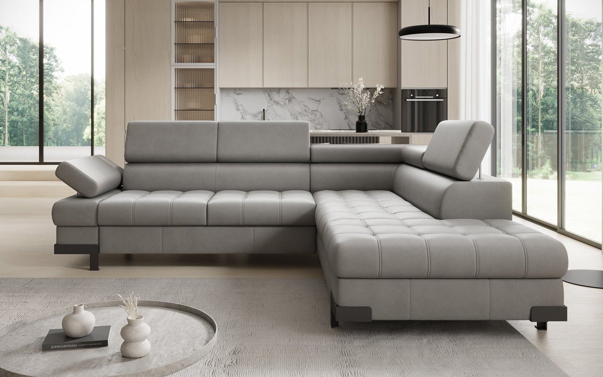 Designer L Sofa Noelia with Sleeping Function and Storage in Genuine Leather