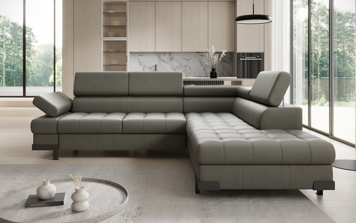 Designer L Sofa Noelia with Sleeping Function and Storage in Genuine Leather