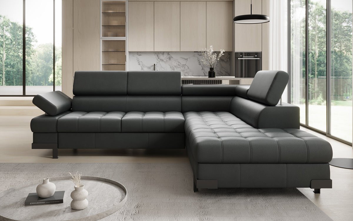 Designer L Sofa Noelia with Sleeping Function and Storage in Genuine Leather