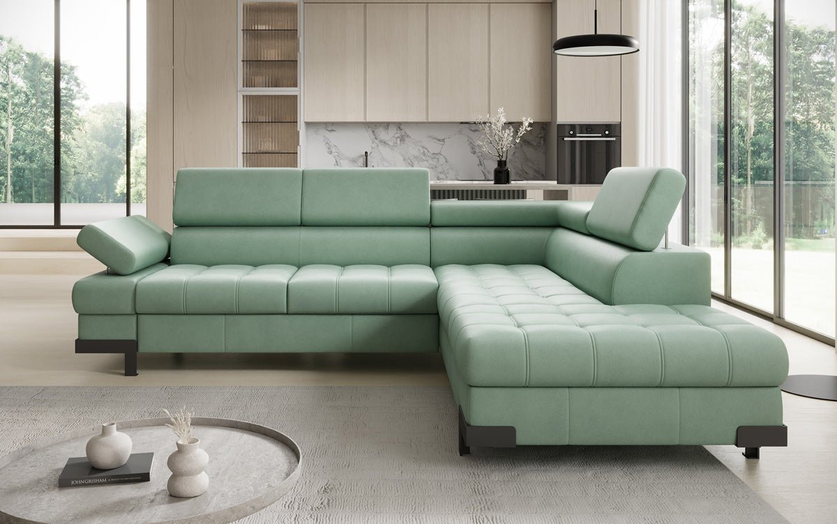 Designer L Sofa Noelia with Sleeping Function and Storage in Genuine Leather