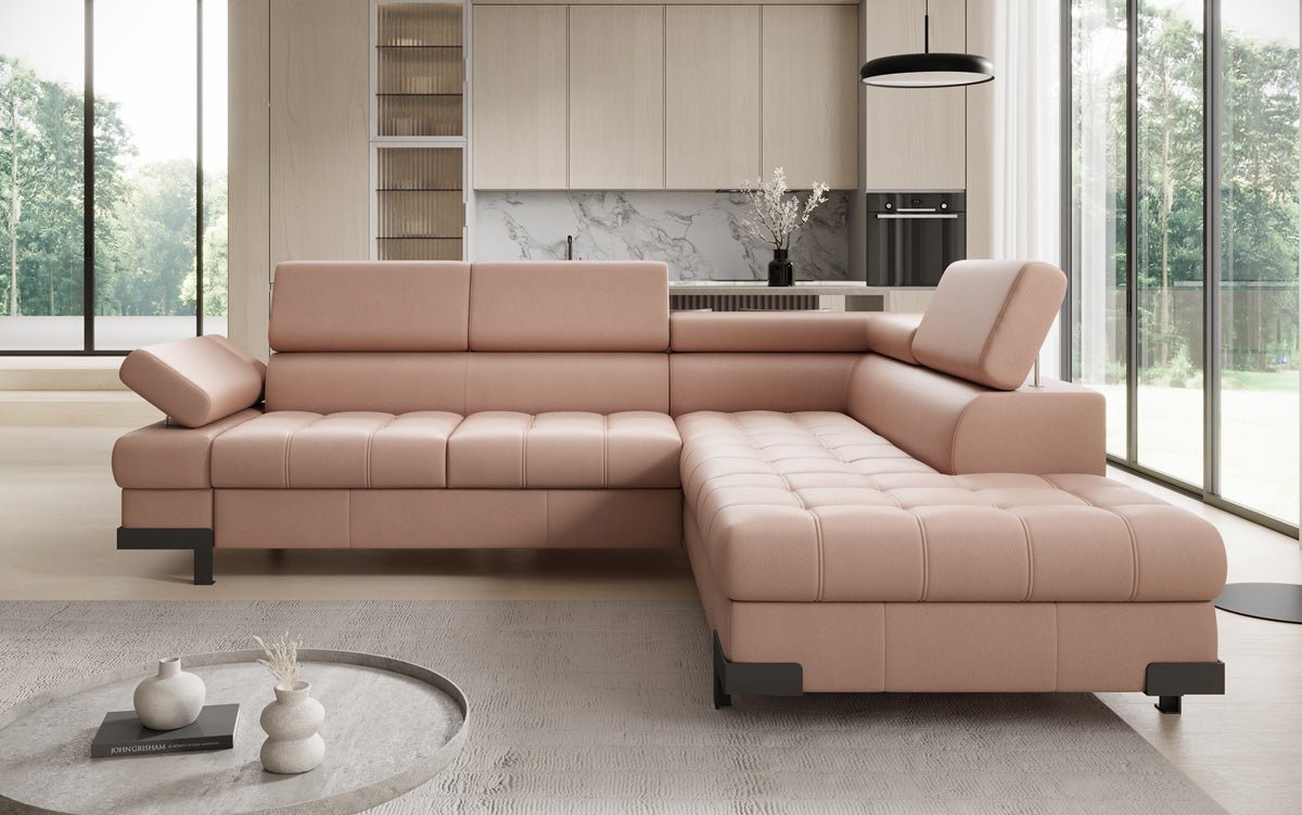 Designer L Sofa Noelia with Sleeping Function and Storage in Genuine Leather