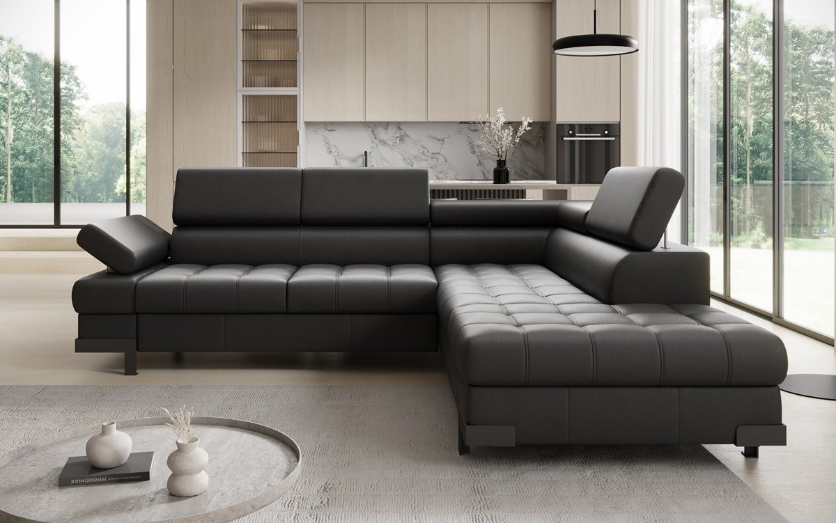 Designer L Sofa Noelia with Sleeping Function and Storage in Genuine Leather