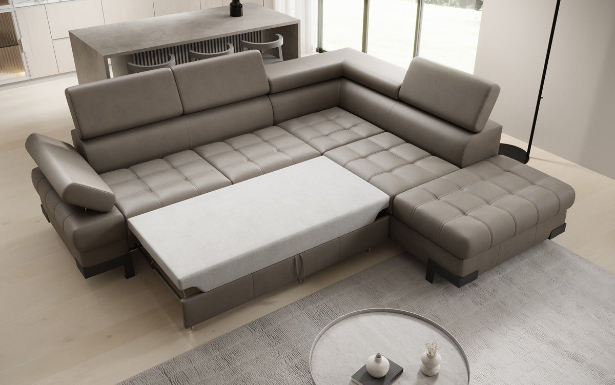 Designer L Sofa Noelia with Sleeping Function and Storage in Genuine Leather