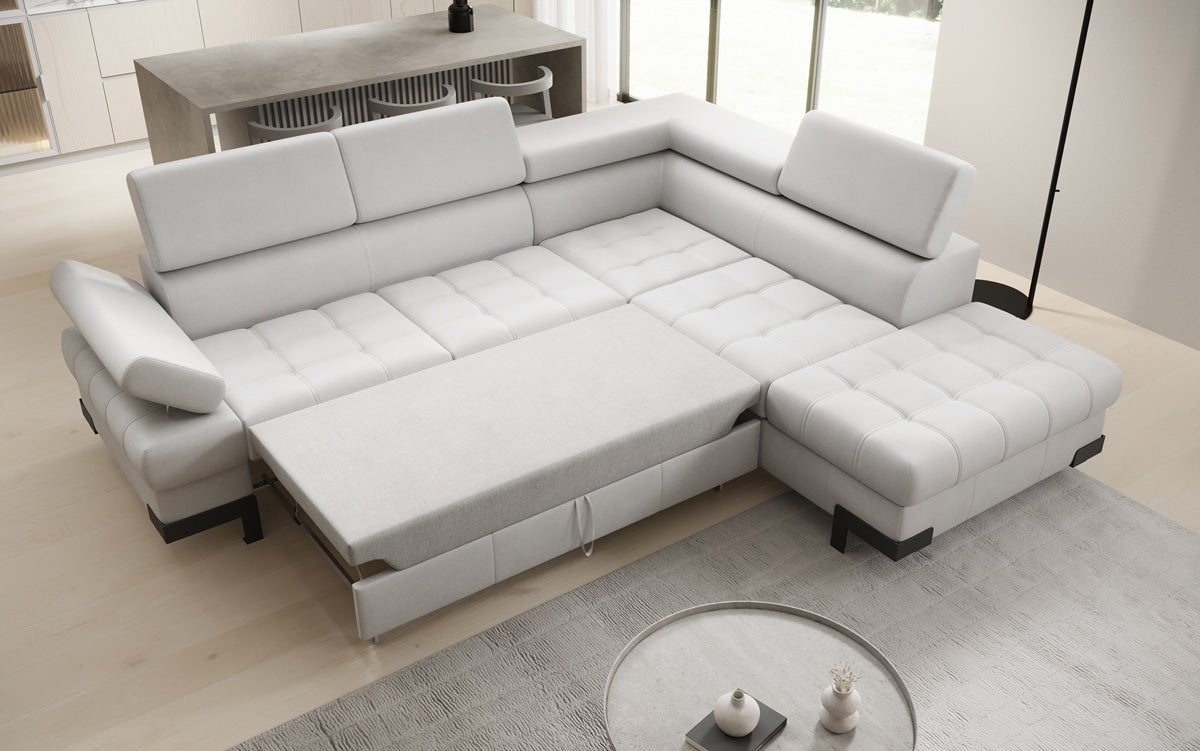 Designer L Sofa Noelia with Sleeping Function and Storage in Genuine Leather