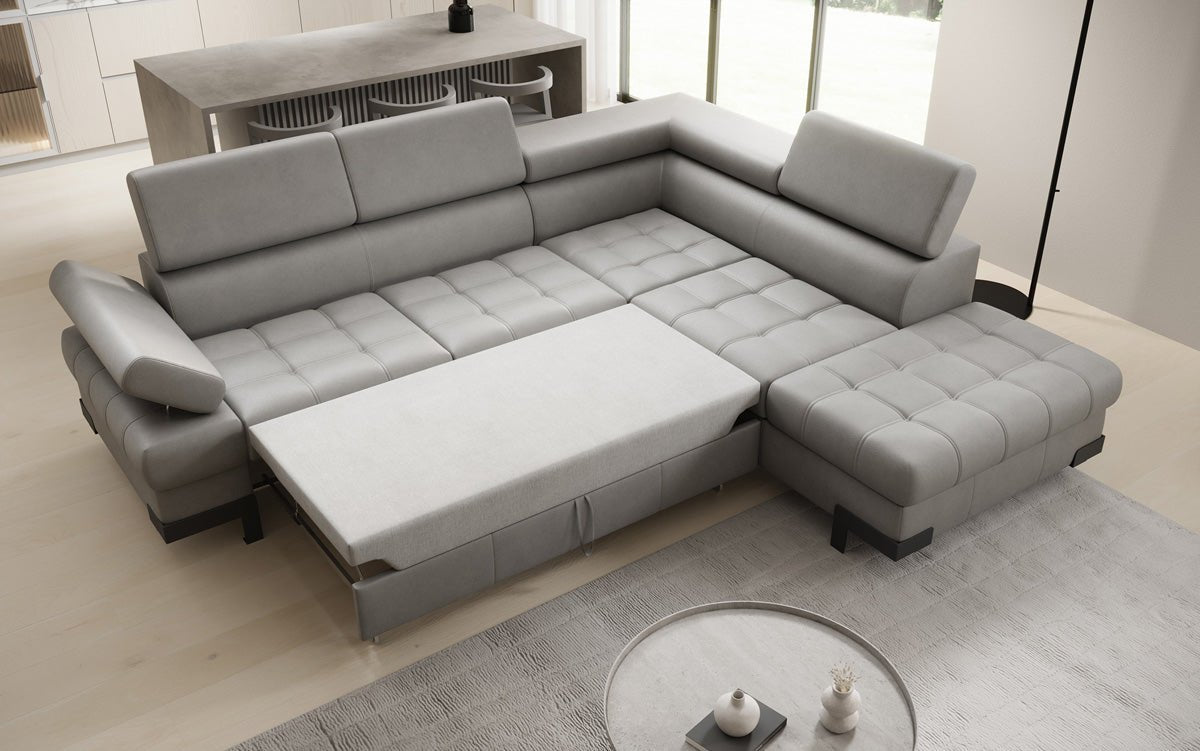 Designer L Sofa Noelia with Sleeping Function and Storage in Genuine Leather