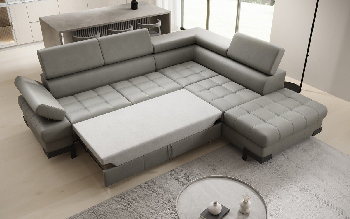 Designer L Sofa Noelia with Sleeping Function and Storage in Genuine Leather