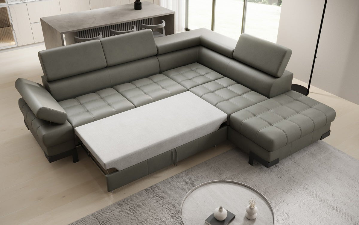 Designer L Sofa Noelia with Sleeping Function and Storage in Genuine Leather