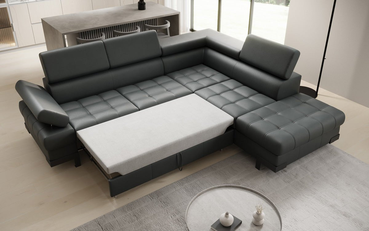 Designer L Sofa Noelia with Sleeping Function and Storage in Genuine Leather