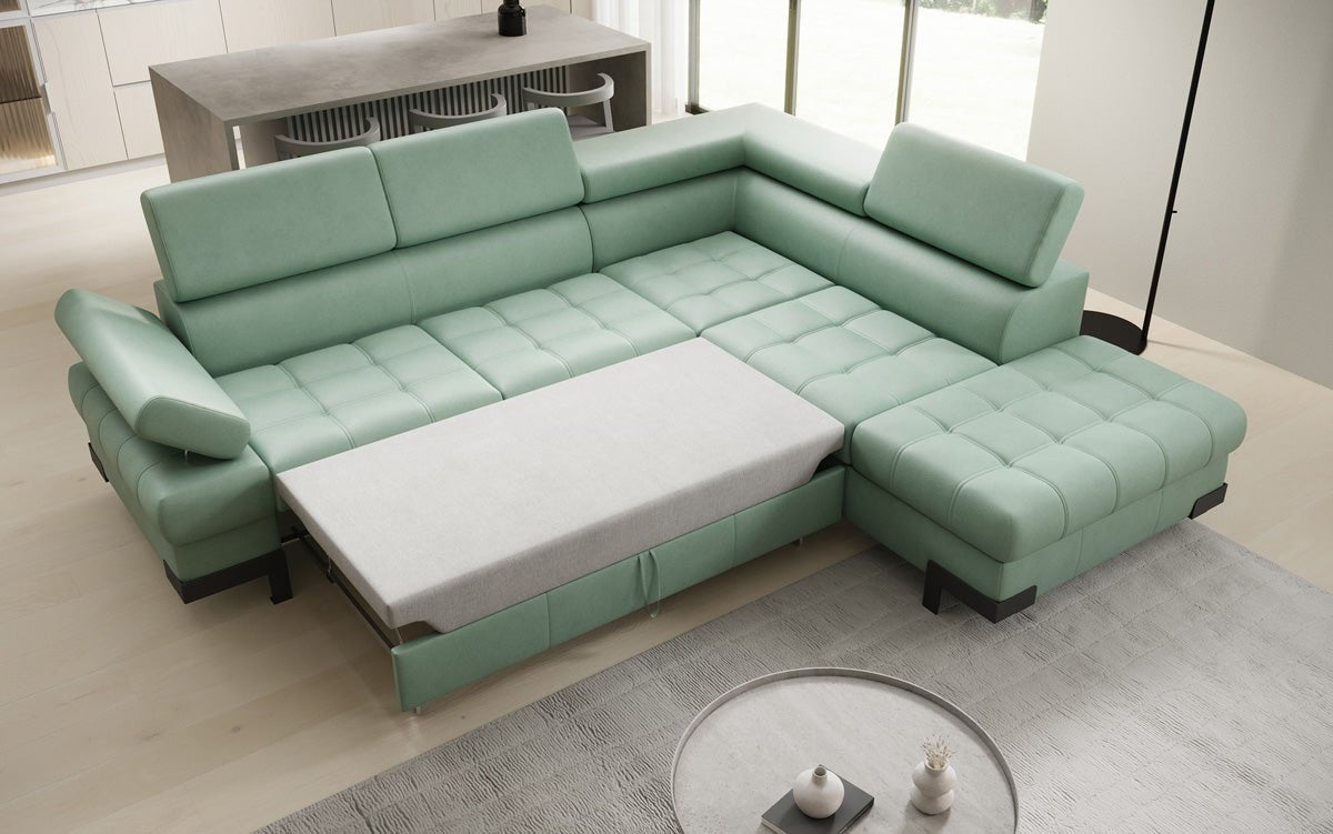 Designer L Sofa Noelia with Sleeping Function and Storage in Genuine Leather