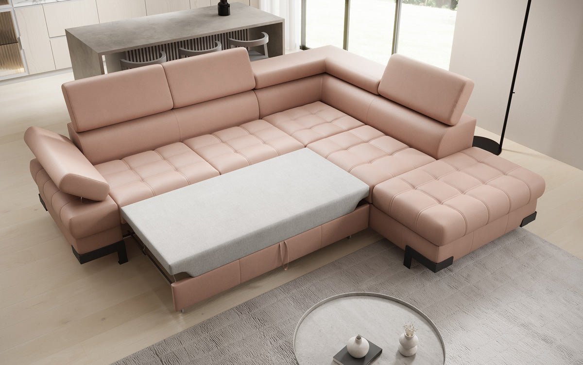 Designer L Sofa Noelia with Sleeping Function and Storage in Genuine Leather