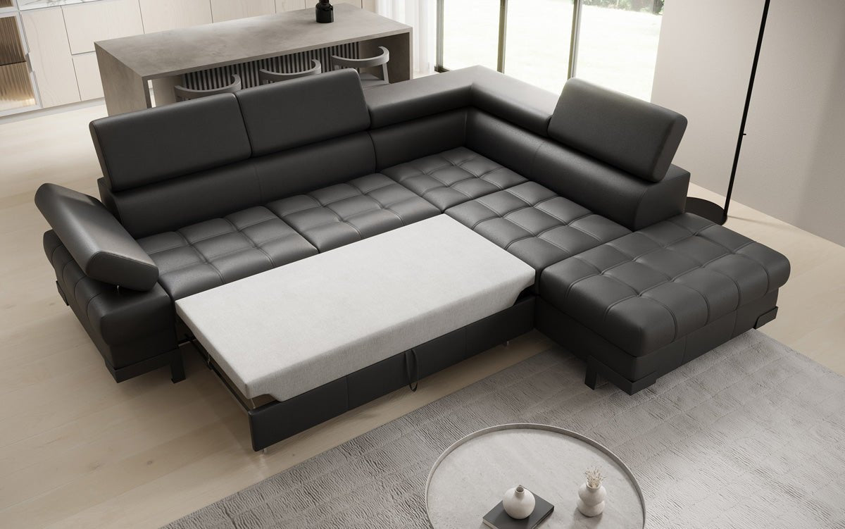 Designer L Sofa Noelia with Sleeping Function and Storage in Genuine Leather