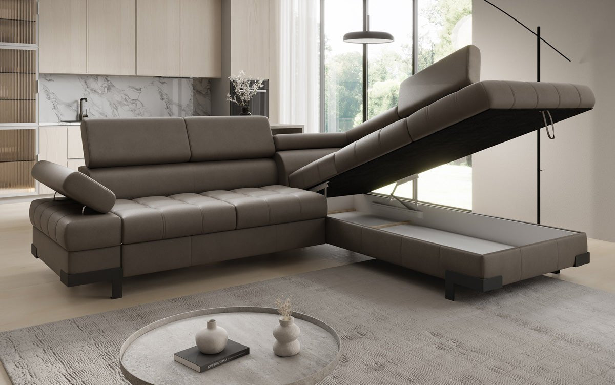 Designer L Sofa Noelia with Sleeping Function and Storage in Genuine Leather