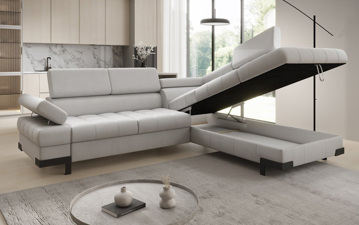 Designer L Sofa Noelia with Sleeping Function and Storage in Genuine Leather