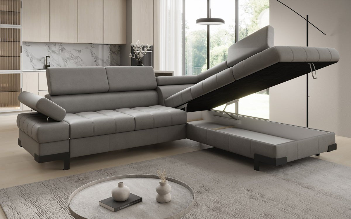 Designer L Sofa Noelia with Sleeping Function and Storage in Genuine Leather