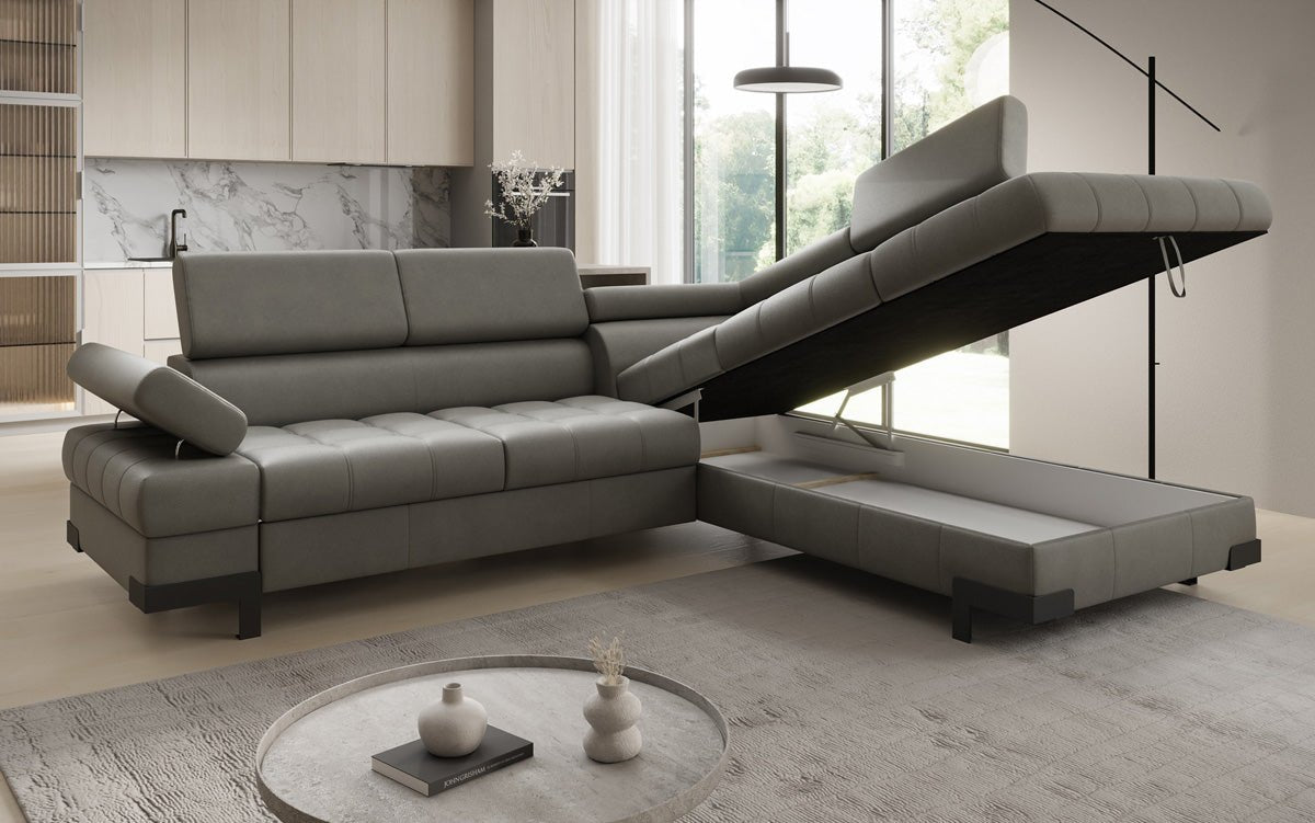 Designer L Sofa Noelia with Sleeping Function and Storage in Genuine Leather