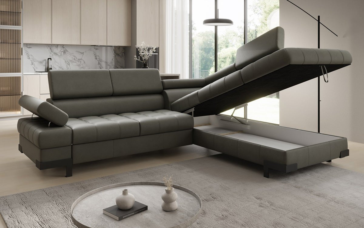 Designer L Sofa Noelia with Sleeping Function and Storage in Genuine Leather