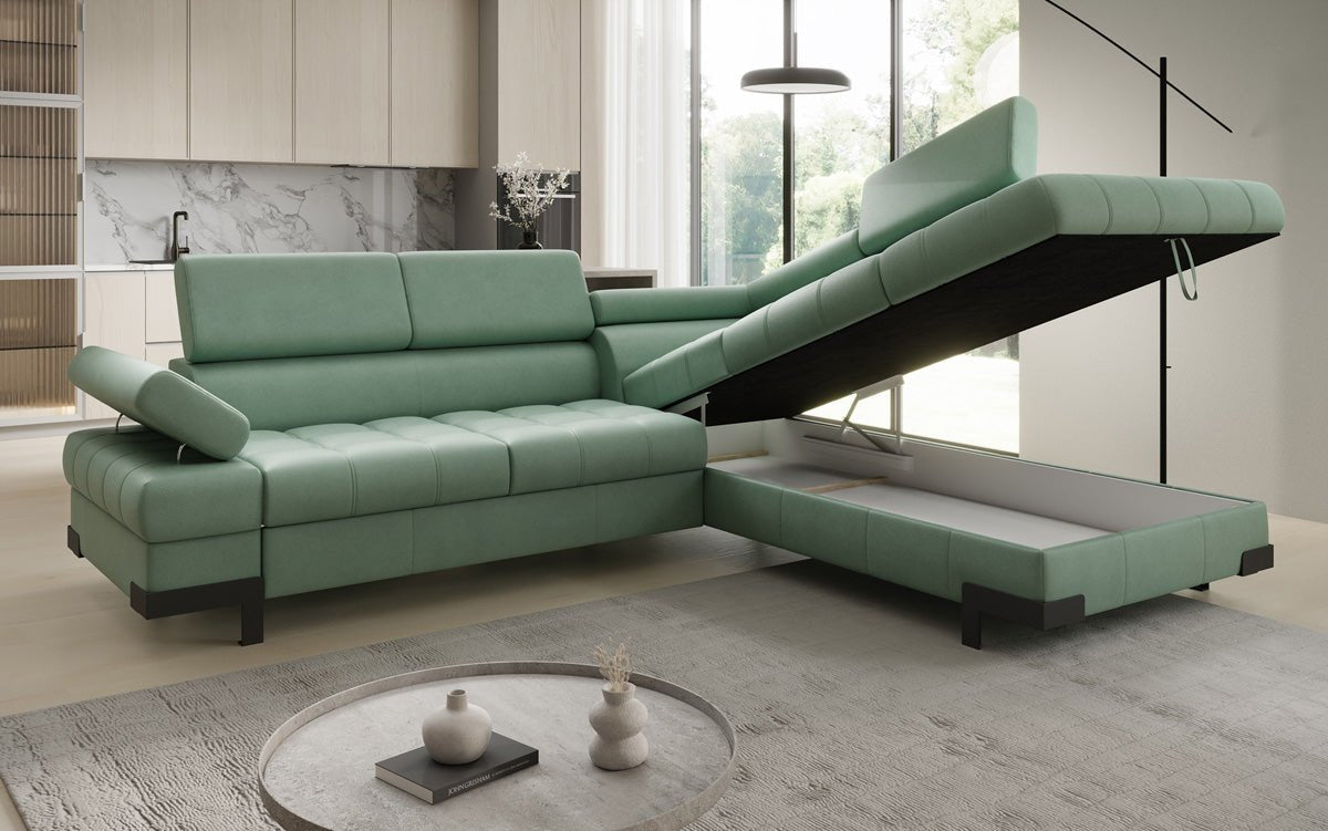 Designer L Sofa Noelia with Sleeping Function and Storage in Genuine Leather