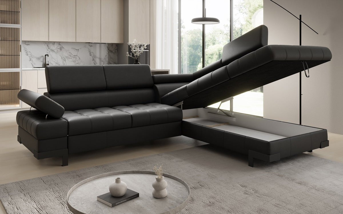Designer L Sofa Noelia with Sleeping Function and Storage in Genuine Leather