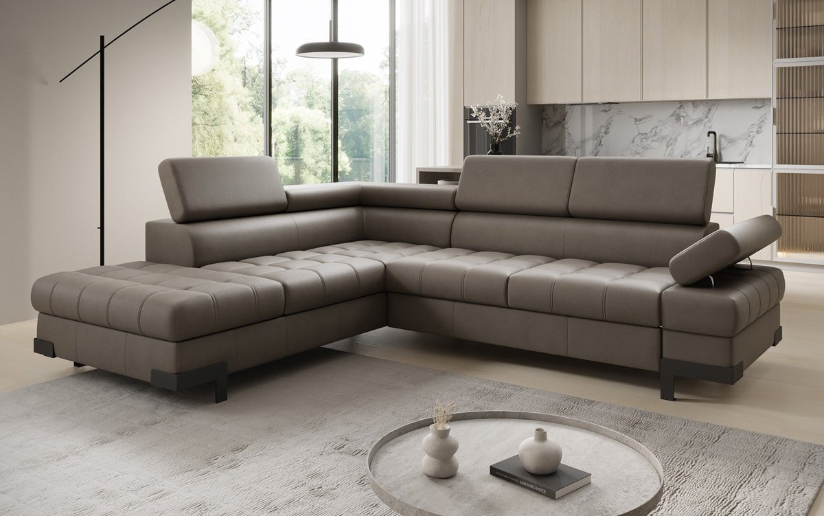 Designer L Sofa Noelia with Sleeping Function and Storage in Genuine Leather