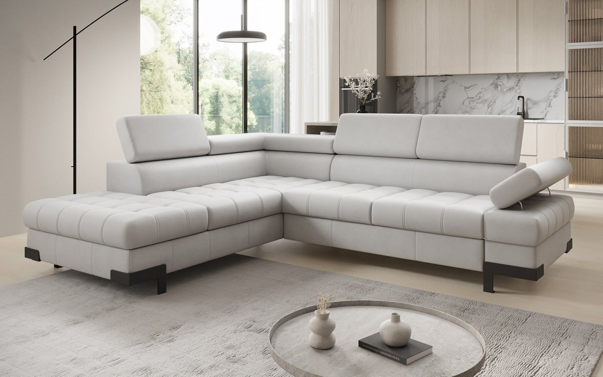 Designer L Sofa Noelia with Sleeping Function and Storage in Genuine Leather
