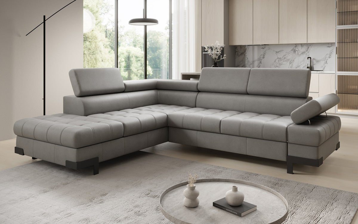 Designer L Sofa Noelia with Sleeping Function and Storage in Genuine Leather