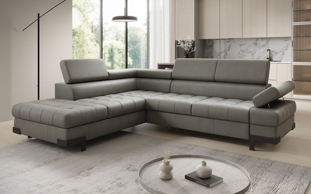 Designer L Sofa Noelia with Sleeping Function and Storage in Genuine Leather