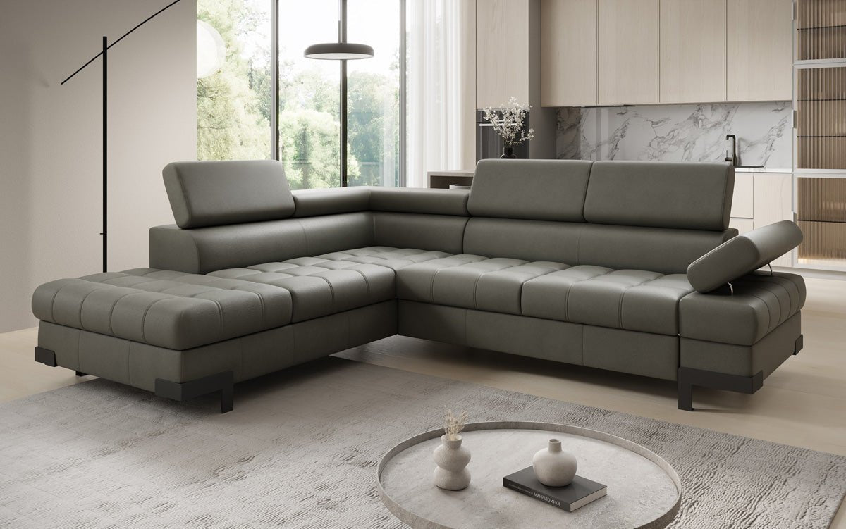 Designer L Sofa Noelia with Sleeping Function and Storage in Genuine Leather