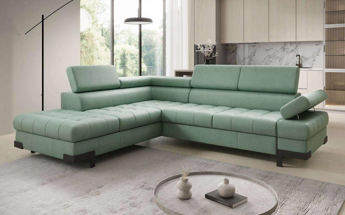 Designer L Sofa Noelia with Sleeping Function and Storage in Genuine Leather