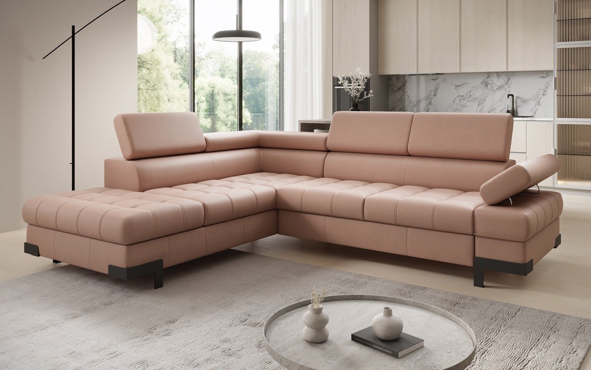 Designer L Sofa Noelia with Sleeping Function and Storage in Genuine Leather